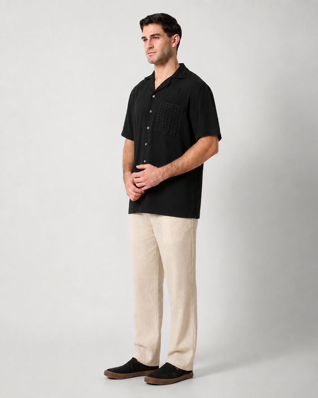 CAMP COLLAR SHIRT — BLACK CRINKLE WEAVE