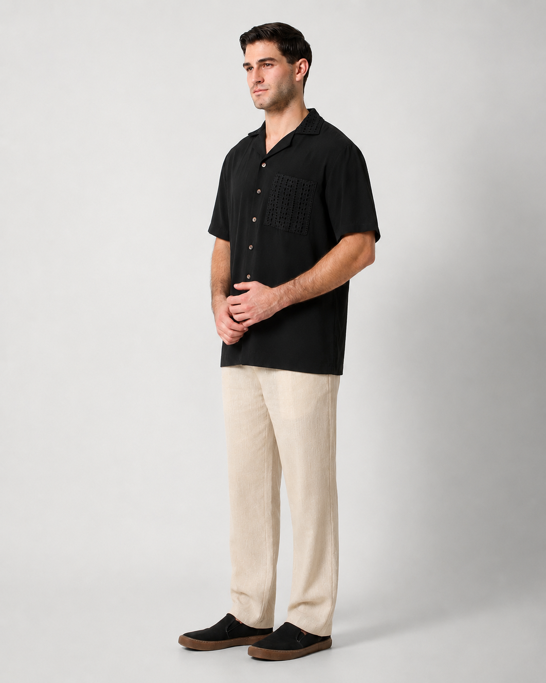 CAMP COLLAR SHIRT — BLACK CRINKLE WEAVE