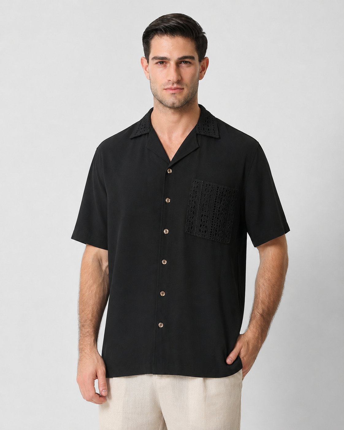 CAMP COLLAR SHIRT — BLACK CRINKLE WEAVE