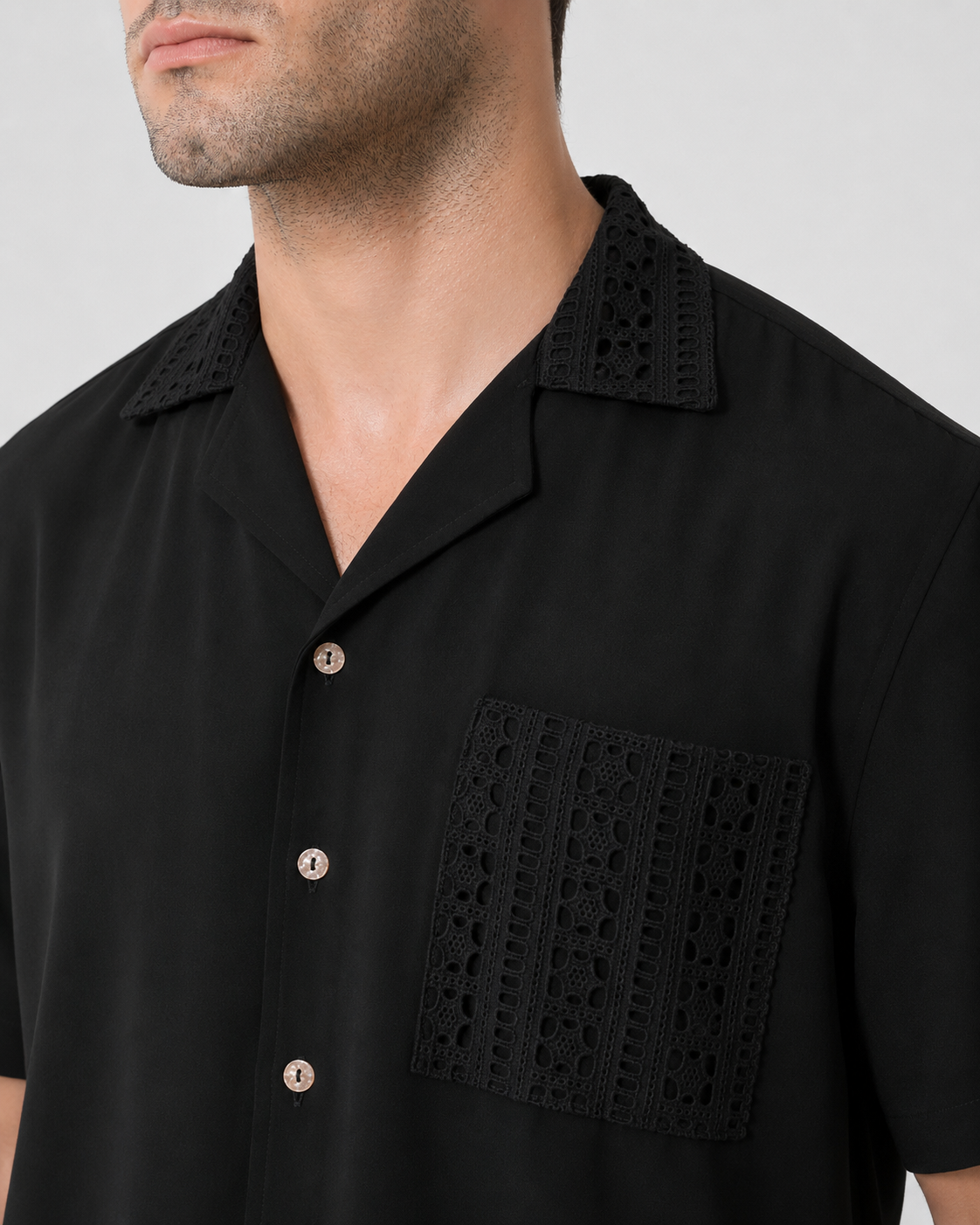 CAMP COLLAR SHIRT — BLACK CRINKLE WEAVE