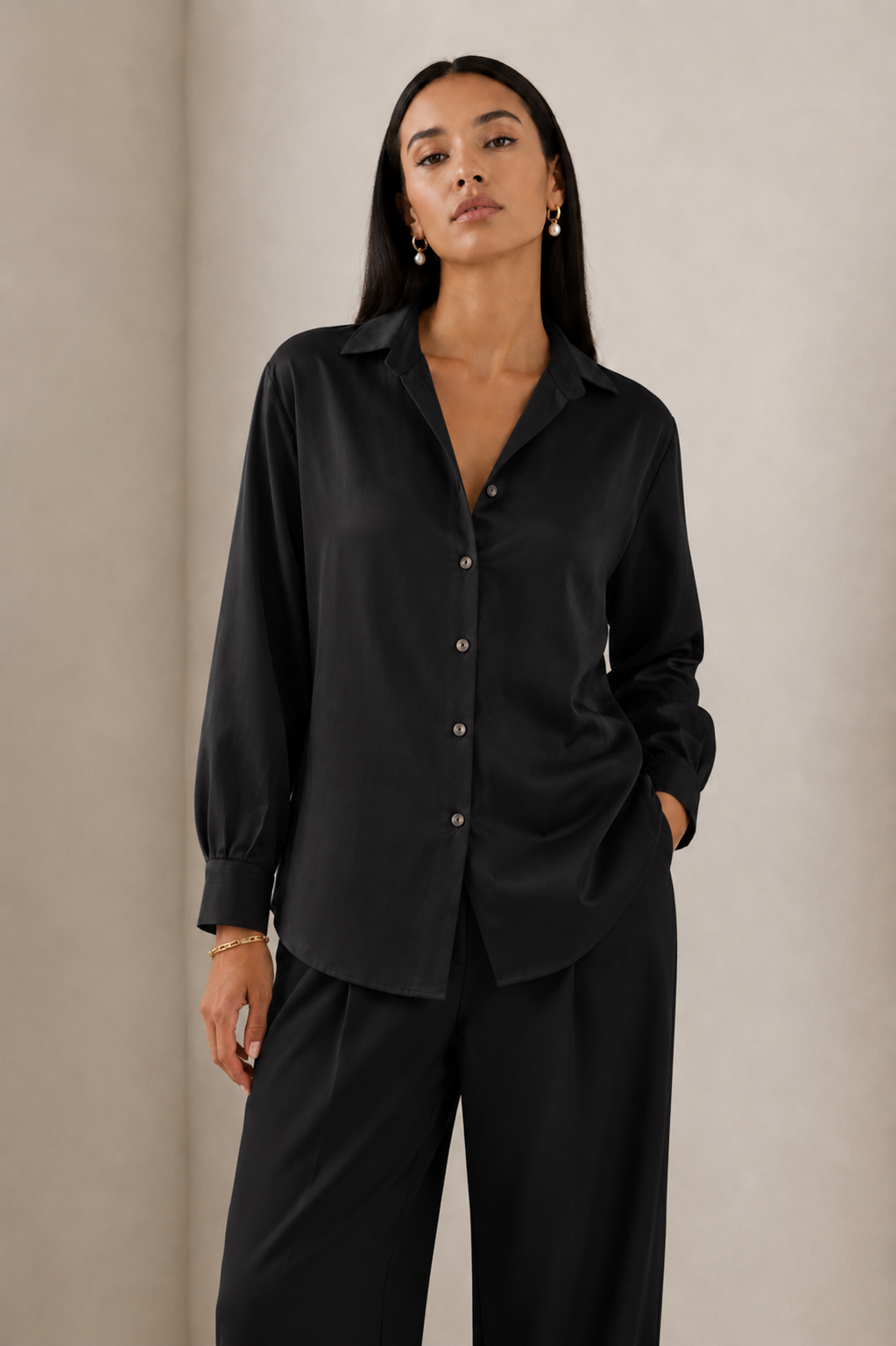 HAILEY VISCOSE SILK SHIRT-BLACK