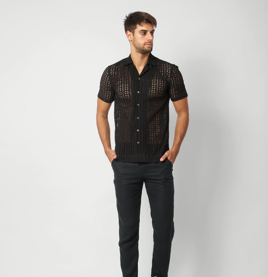 EMBROIDERED COTTON SHIRT — BLACK