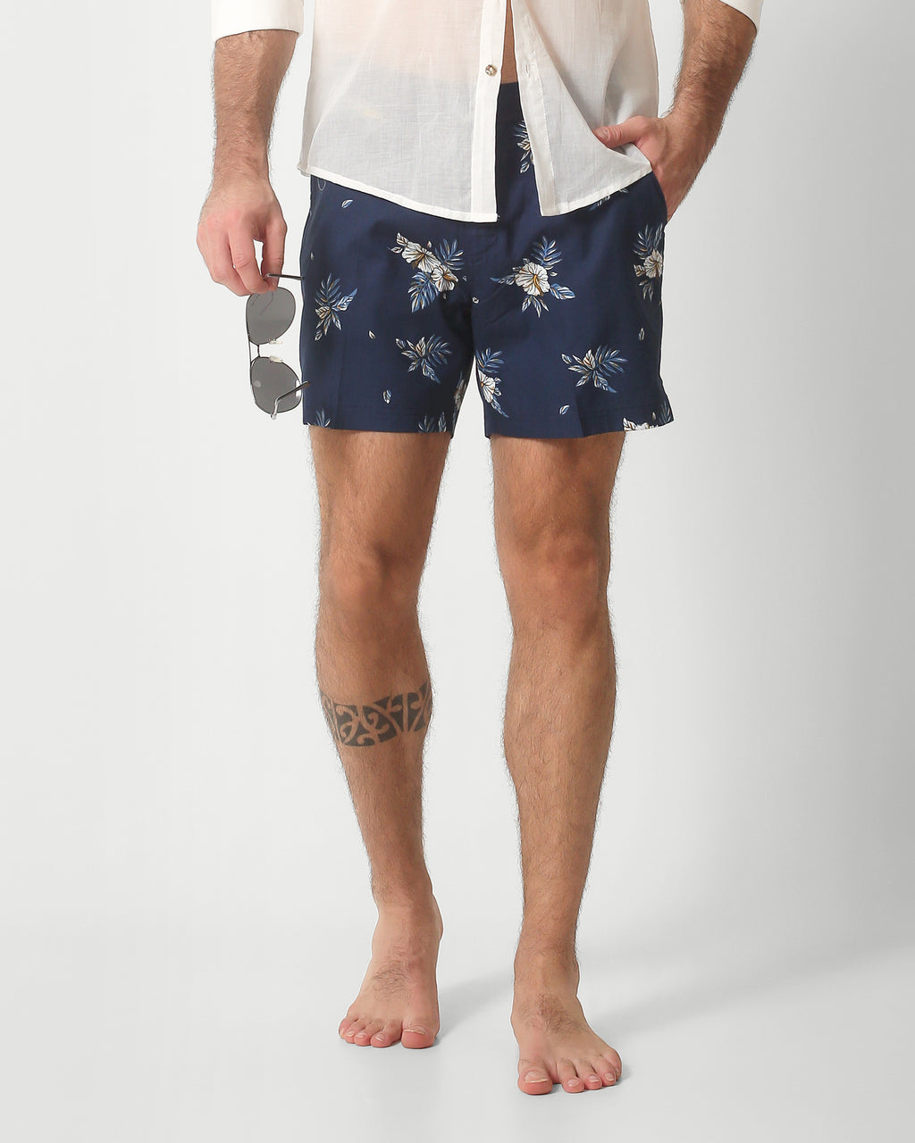 LOUNGE POPLIN PRINTED SHORTS - NAVY HIBISCUS