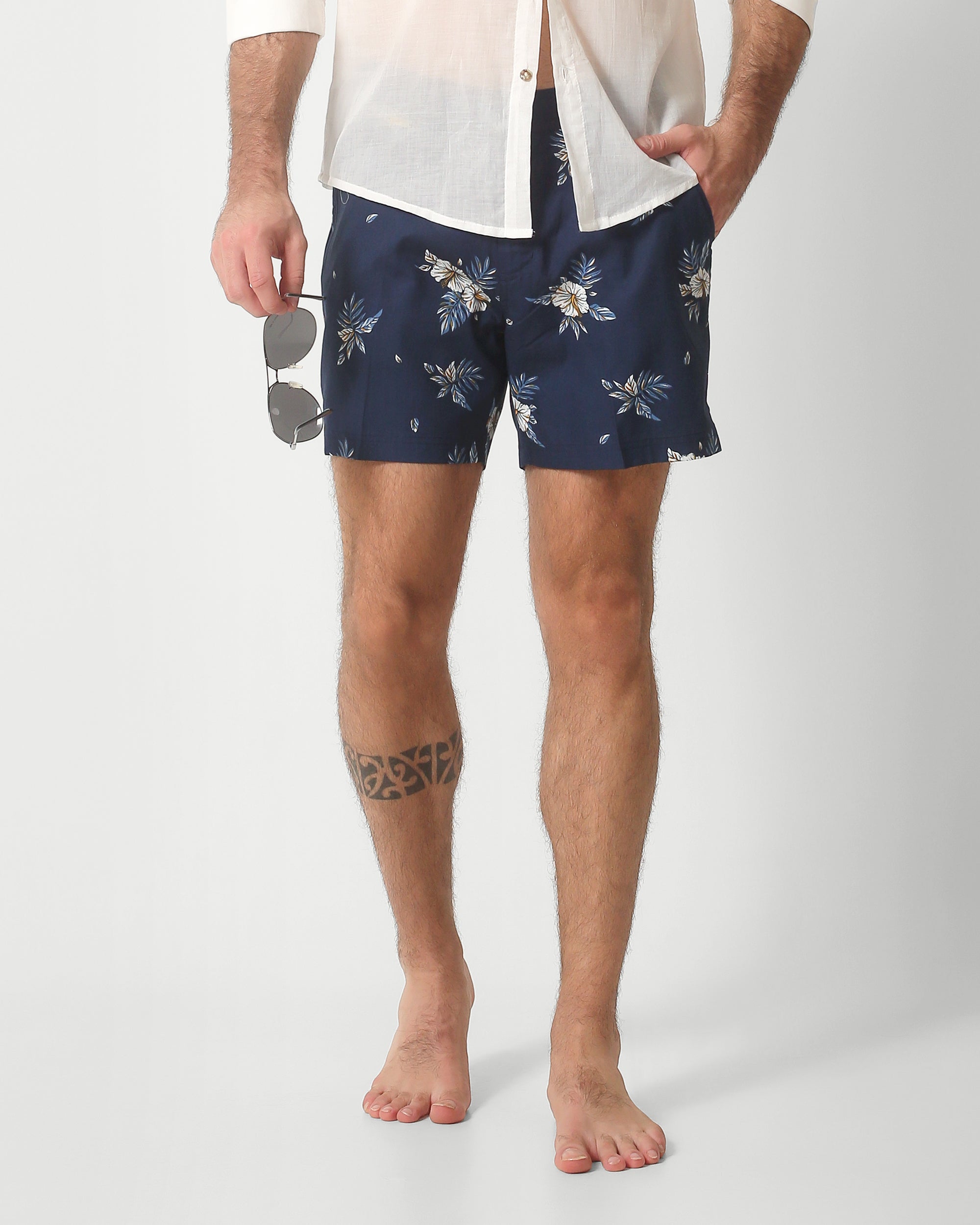 LOUNGE POPLIN PRINTED SHORTS - NAVY HIBISCUS