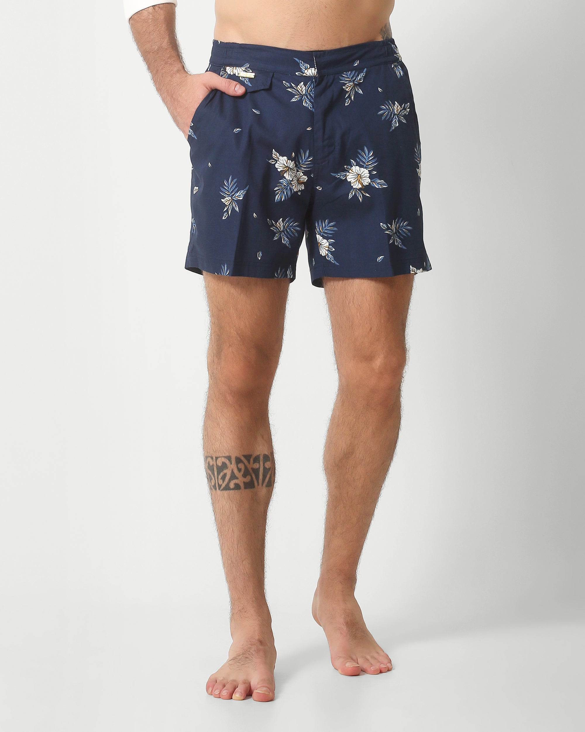 LOUNGE POPLIN PRINTED SHORTS - NAVY HIBISCUS