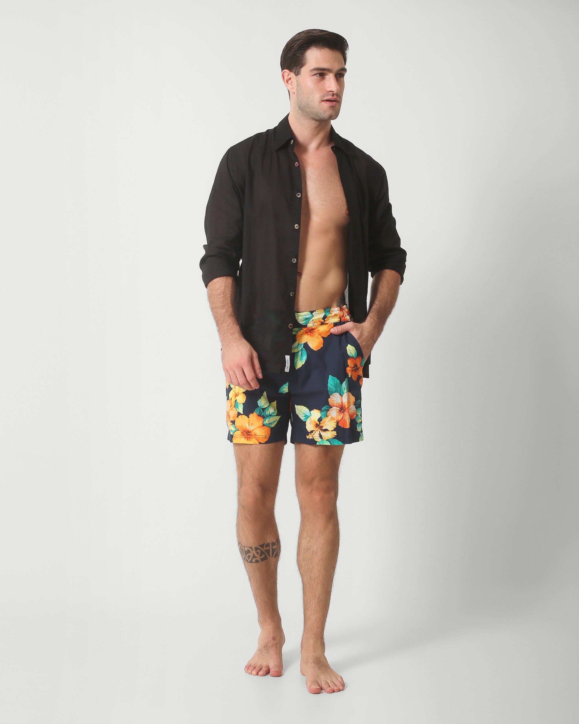 MARCUS POPLIN PRINTED SHORTS — NAVY TROPICAL BLOOM