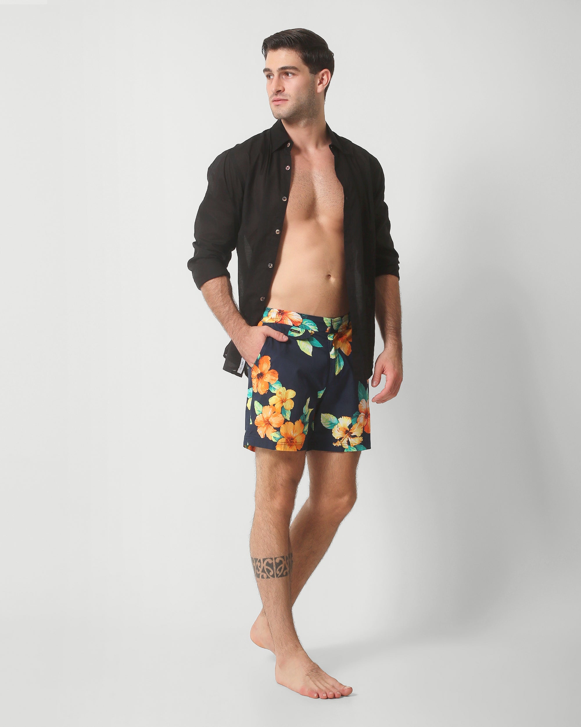MARCUS POPLIN PRINTED SHORTS — NAVY TROPICAL BLOOM