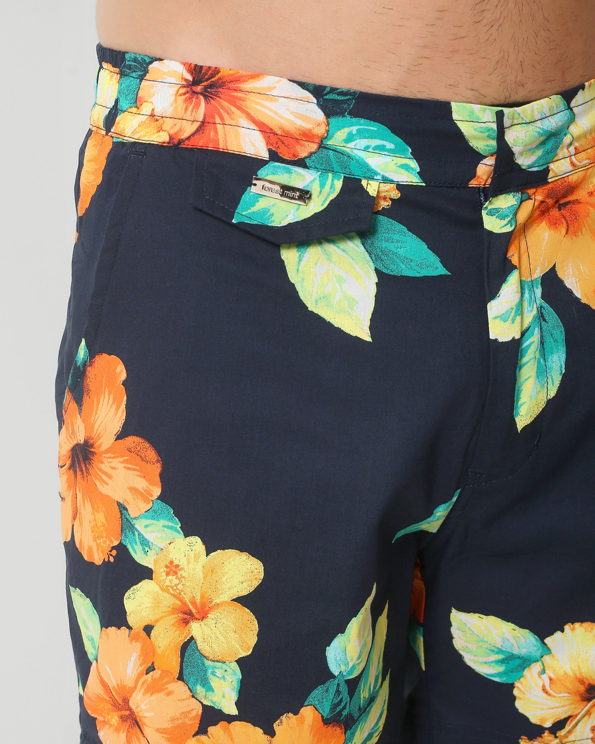 MARCUS POPLIN PRINTED SHORTS — NAVY TROPICAL BLOOM