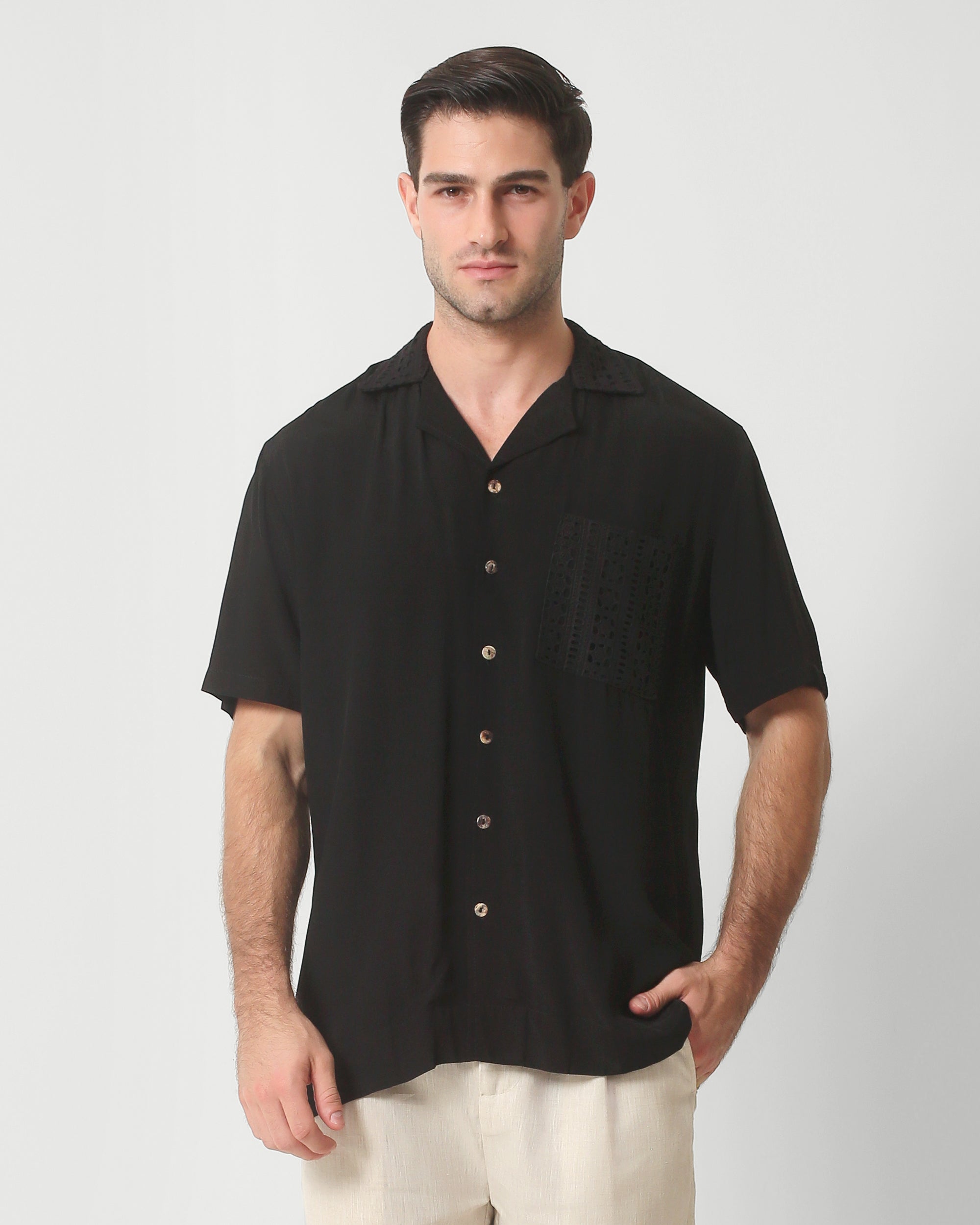 CAMP COLLAR SHIRT — BLACK CRINKLE WEAVE