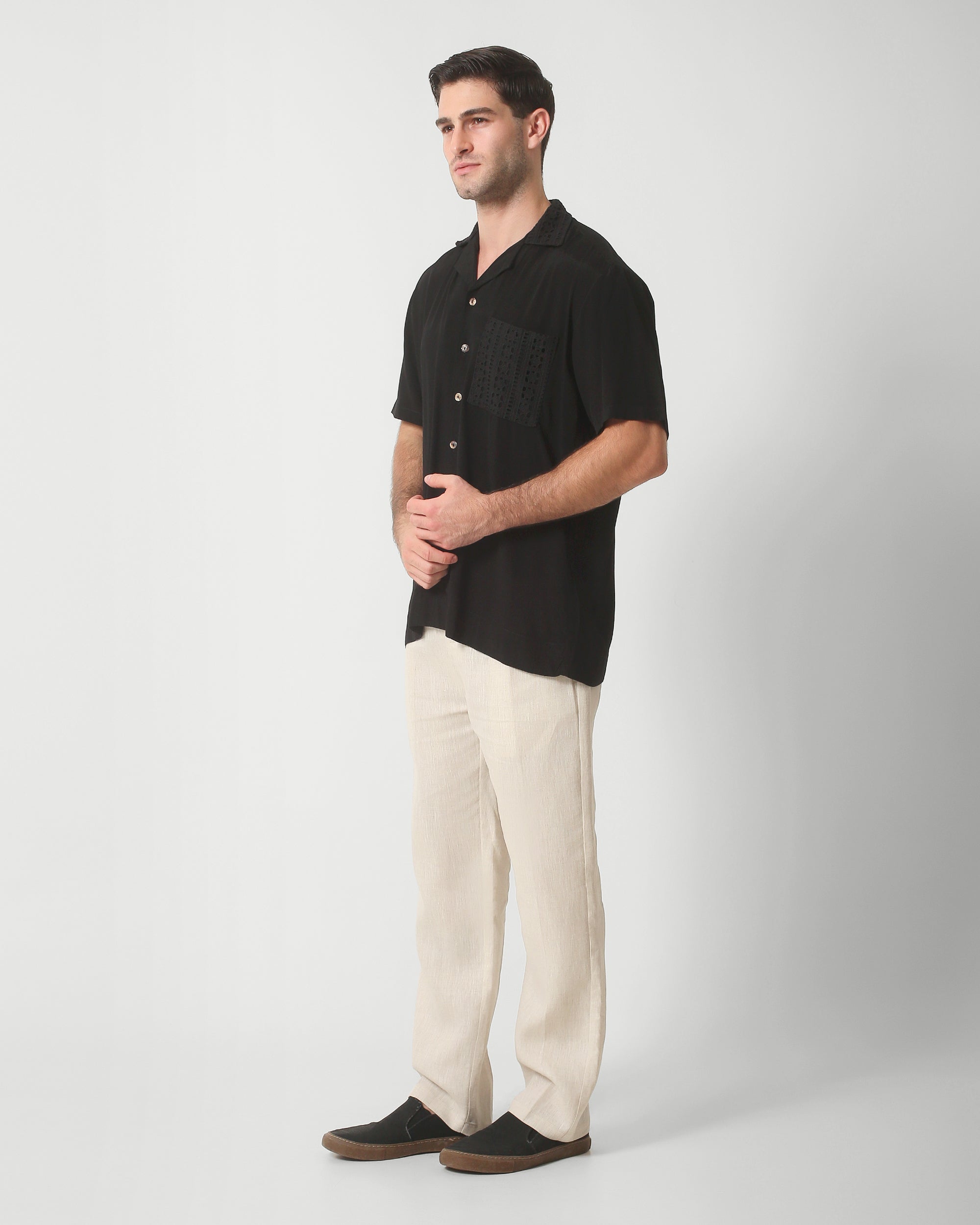 CAMP COLLAR SHIRT — BLACK CRINKLE WEAVE