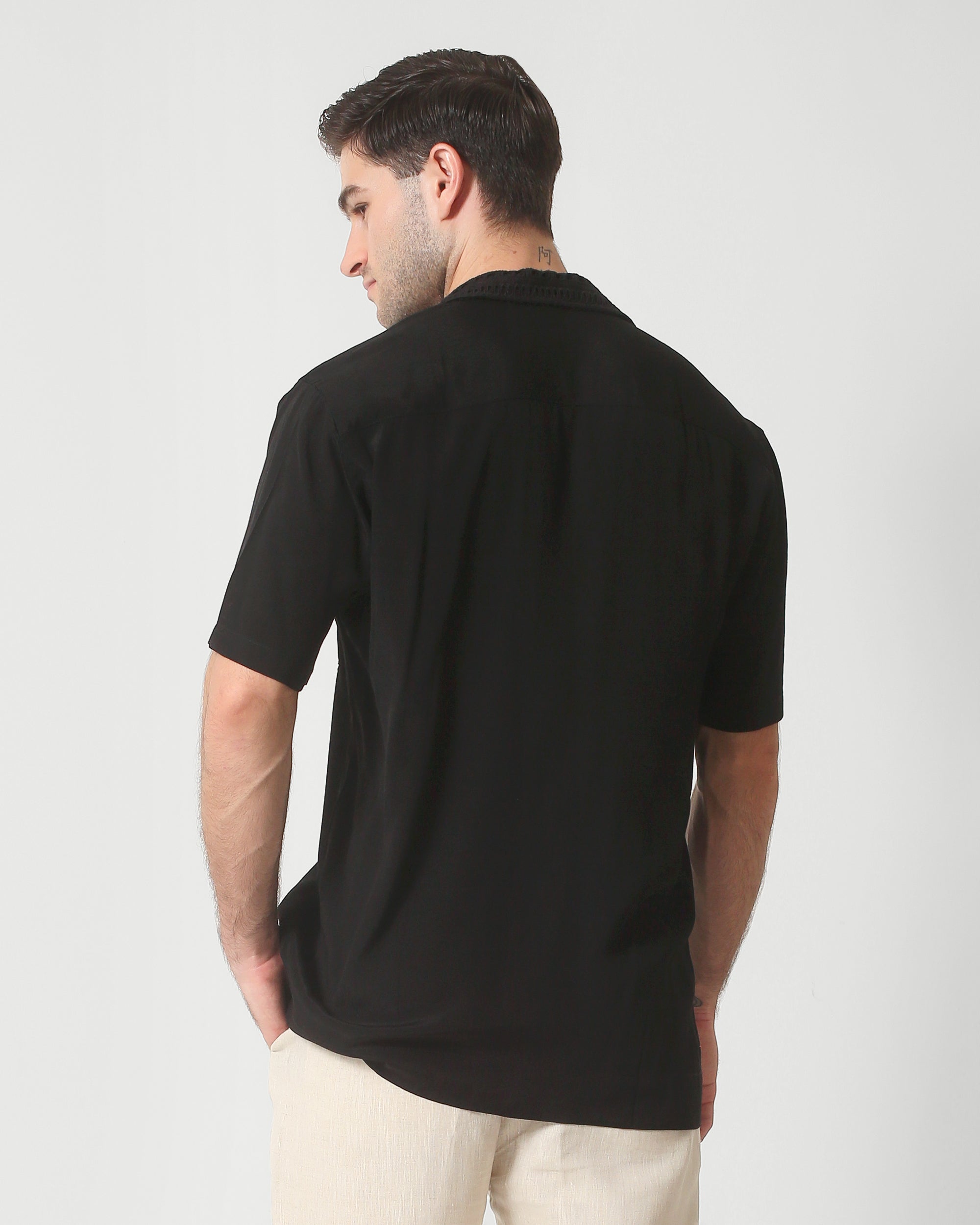 CAMP COLLAR SHIRT — BLACK CRINKLE WEAVE