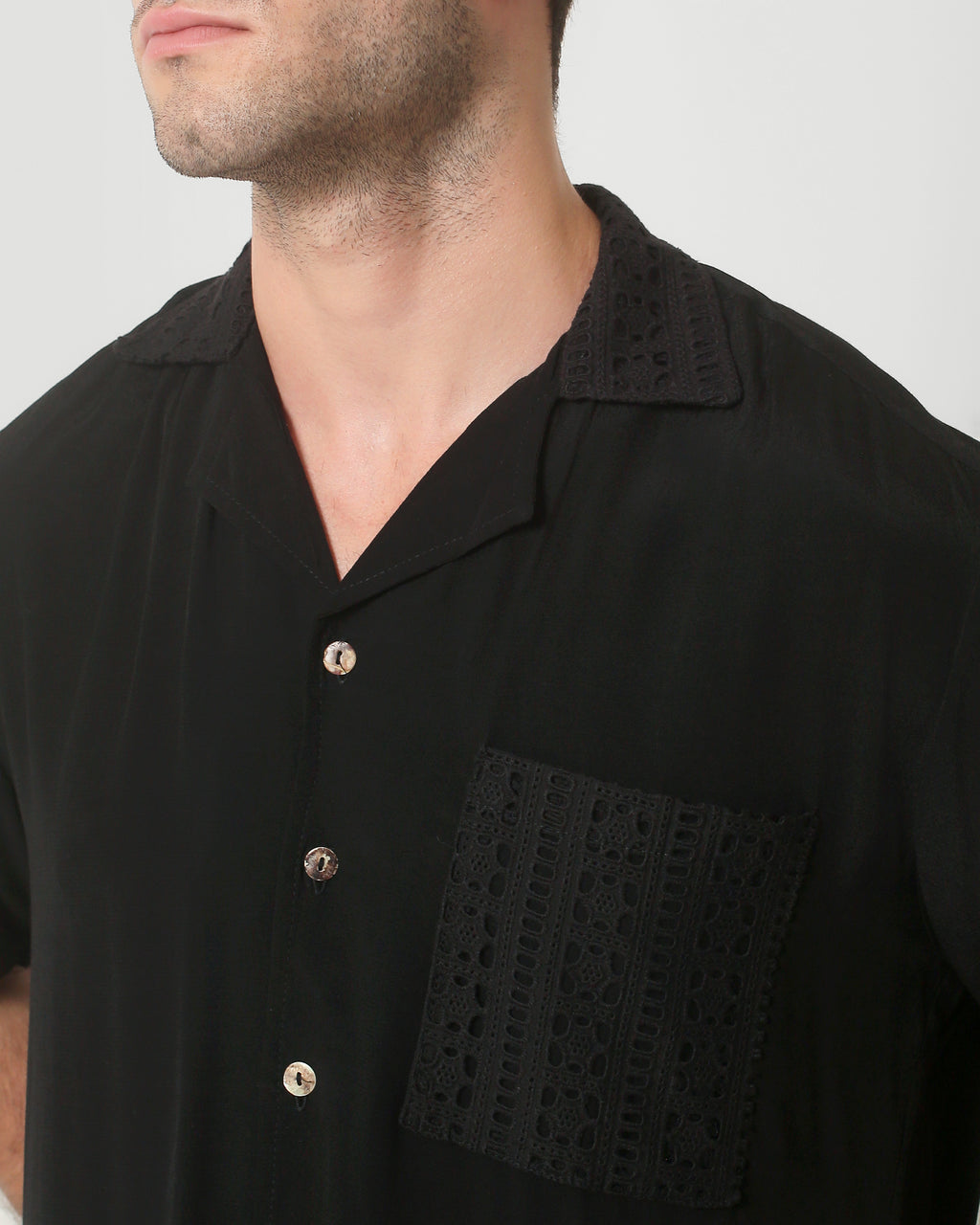 CAMP COLLAR SHIRT — BLACK CRINKLE WEAVE